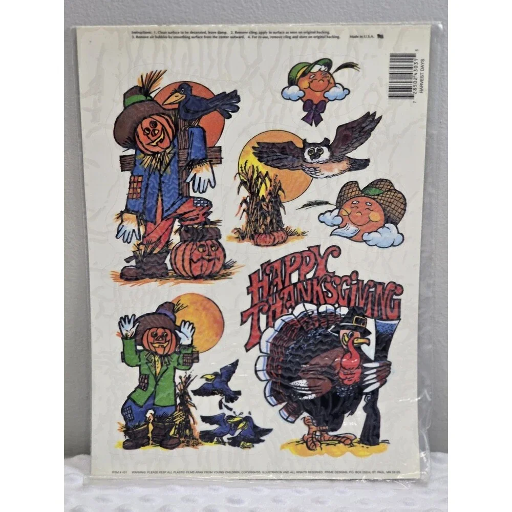 Vintage Halloween Window Clings Thanksgiving Decorations Scarecrow Turkey New 80